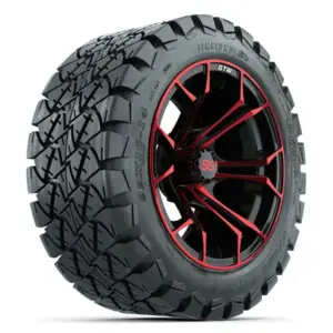 A gtw spyder inch red black golf cart wheel inch tall timberwolf dot at tires and angle webp