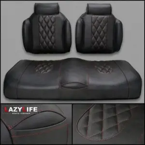 Custom Golf Cart Seat Premium Contour High Back in Escalade With Head Bump and Red Diamond Stitch Inserts webp