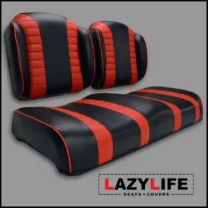 Custom Golf Cart Seat Set Premium Contour High Back Black with Red Pleat Stripe Piping and Stitching webp