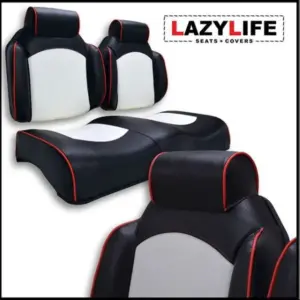 Custom Golf Cart Seat Set Premium Contour High Back with Headrest Black and White Red Piping and Stitching webp